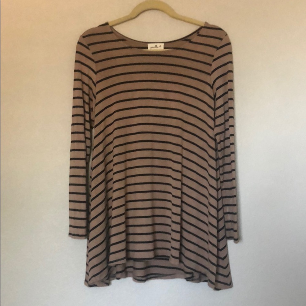 Tan & Black Striped Piko Long Sleeve Tee Small